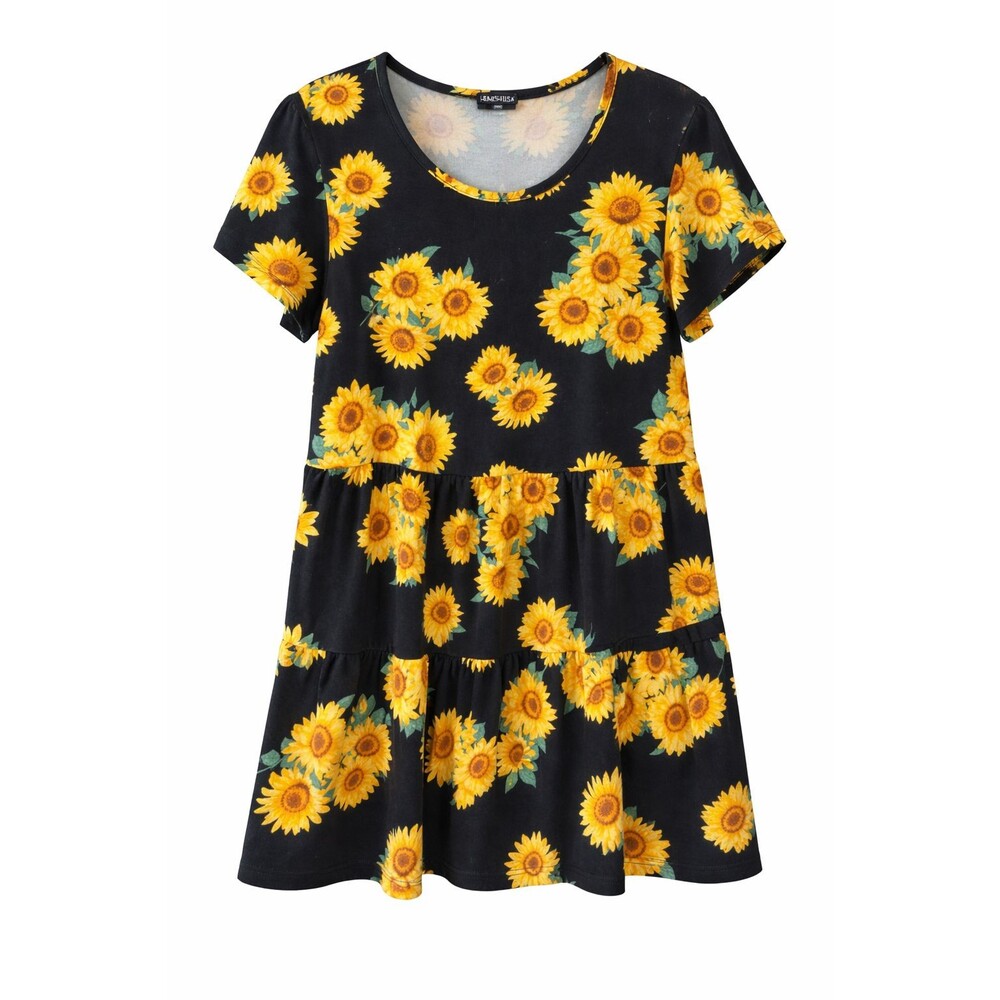 Heimish Sunflower Babydoll Swing Top 2X Black Floral Tiered Plus Size